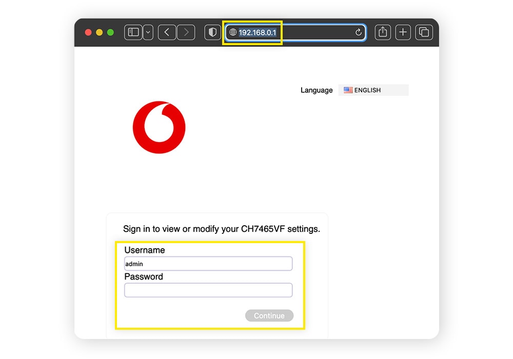 Webbrowser-Fenster mit Router-Schild auf dem Bildschirm
