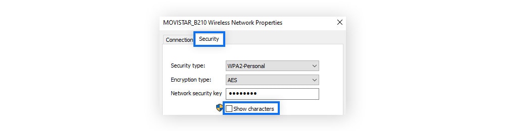 Klicken Sie im Tab "Sicherheit" auf das Kontrollkästchen neben "Zeichen anzeigen", um den Netzwerksicherheitscode einzublenden.